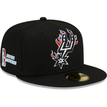Load image into Gallery viewer, San Antonio Spurs New Era NBA 9FIFTY 950 Snapback Cap Hat Black Crown/Visor White With Flames Logo Sky Blue UV (Team Fire)