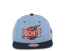 Load image into Gallery viewer, Houston Rockets Mitchell & Ness NBA Snapback Lotto Cap Hat Sky Blue Crown Navy Blue Visor Team Color Logo NBA Draft Side Patch