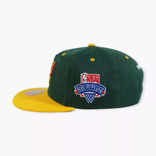 Load image into Gallery viewer, Seattle Supersonics Mitchell & Ness NBA Snapback Lotto Cap Hat Green Crown Yellow Visor Team Color Logo