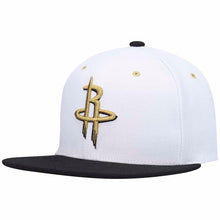 Load image into Gallery viewer, Houston Rockets Mitchell & Ness NBA Snapback Cap Hat White Crown Black Visor Metallic Gold/Black Logo