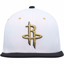 Load image into Gallery viewer, Houston Rockets Mitchell & Ness NBA Snapback Cap Hat White Crown Black Visor Metallic Gold/Black Logo