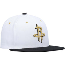Load image into Gallery viewer, Houston Rockets Mitchell & Ness NBA Snapback Cap Hat White Crown Black Visor Metallic Gold/Black Logo