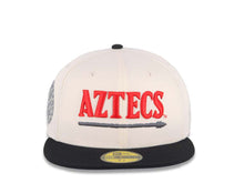 Load image into Gallery viewer, San Diego State Aztecs New Era NCAA 59FIFTY 5950 Fitted Cap Hat Cream Crown Nlack Visor Red/Black Text Logo Calender Side Patch