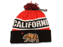 Load image into Gallery viewer, California Republic Pom Cuffed Beanie/Knit Red/Black/White Crown/Visor California Bear with Star Logo