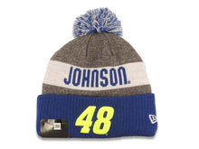 Load image into Gallery viewer, Jimmy Johnson New Era Cuffed Pom Knit Sideline 2016 Hat Gray/Royal Blue/White Crown/Visor Team Neon Green Number #48 Logo