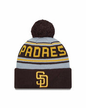 Load image into Gallery viewer, San Diego Padres New Era MLB Cuffed Pom Knit Hat Gray/Brown Crown/Visor Yellow Logo (Word Mark)