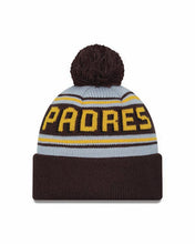 Load image into Gallery viewer, San Diego Padres New Era MLB Cuffed Pom Knit Hat Gray/Brown Crown/Visor Yellow Logo (Word Mark)