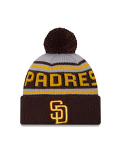 Load image into Gallery viewer, (Youth) San Diego Padres New Era MLB Kid Cuffed Pom Beanie/Knit Hat Gray/Brown Crown/Visor Yellow Logo (Word Mark)