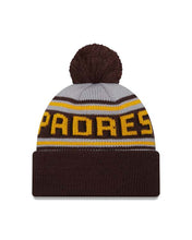 Load image into Gallery viewer, (Youth) San Diego Padres New Era MLB Kid Cuffed Pom Beanie/Knit Hat Gray/Brown Crown/Visor Yellow Logo (Word Mark)