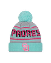Load image into Gallery viewer, (Youth) San Diego Padres New Era MLB Cuffed Pom Kid Beanie/Knit Hat Teal Crown/Visor Magenta Logo
