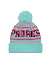 Load image into Gallery viewer, (Youth) San Diego Padres New Era MLB Cuffed Pom Kid Beanie/Knit Hat Teal Crown/Visor Magenta Logo