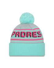 Load image into Gallery viewer, (City Connect) San Diego Padres New Era MLB Cuffed Pom Beanie/Knit Hat Light Teal/Pink Crown/Visor Pink/Yellow Swinging Friar Logo