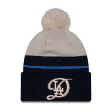 Load image into Gallery viewer, (City Connect) Los Angeles Dodgers New Era MLB Cuffed Pom Knit Hat Cream/Navy Crown/Visor Cream Logo