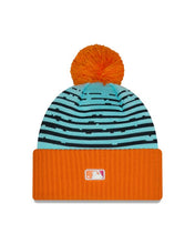 Load image into Gallery viewer, San Diego Padres New Era MLB Cuffed Pom Knit Hat Teal/Orange Crown/Visor White/Magenta/Yellow Script Logo (2026 City Connect 2.0)