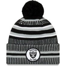 Load image into Gallery viewer, Oakland Raiders New Era NFL Cuffed Pom Knit Beanie Hat Black/Gray Crown/Visor Team Color Logo (2019 Sideline)