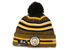Load image into Gallery viewer, Pittsburgh Steelers New Era NFL Cuffed 2019 Sideline Beanie/Knit Pom Yellow/White/Black Crown/Visor Team Color Logo