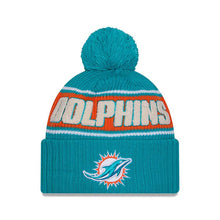 Load image into Gallery viewer, Miami Dolphins New Era NFL Cuffed Pom Beanie/Knit Hat Aqua/Orange Crown/Visor Team Color Logo (2024 Sideline)
