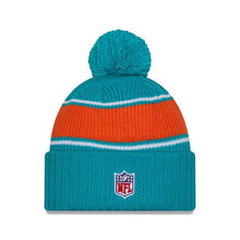 Load image into Gallery viewer, Miami Dolphins New Era NFL Cuffed Pom Beanie/Knit Hat Aqua/Orange Crown/Visor Team Color Logo (2024 Sideline)