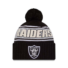 Load image into Gallery viewer, Las Vegas Raiders New Era Cuffed Pom Beanie/Knit Hat Black/White Crown/Visor Team Color Logo (2024 Sideline)