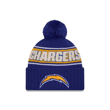 Load image into Gallery viewer, Los Angeles Chargers New Era NFL Cuffed Pom Knit Hat Royal Blue/Yellow Crown/Visor Team Color Logo (2024 Sideline)
