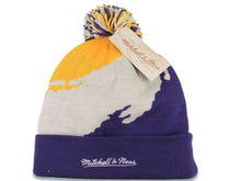 Load image into Gallery viewer, Los Angeles Lakers Mitchell & Ness NBA Pom Paint Knit Beanie Yellow/White/Purple Crown/Visor Team Color Logo