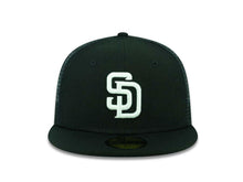 Load image into Gallery viewer, San Diego Padres New Era MLB 59Fifty 5950 Fitted Mesh Trucker Cap Hat Black Crown/Visor Black Logo
