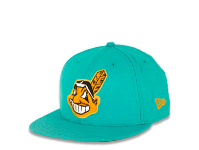 Cleveland Indians New Era MLB 59FIFTY 5950 Fitted Cap Hat Teal Crown/Visor Yellow Chief Wahoo Logo