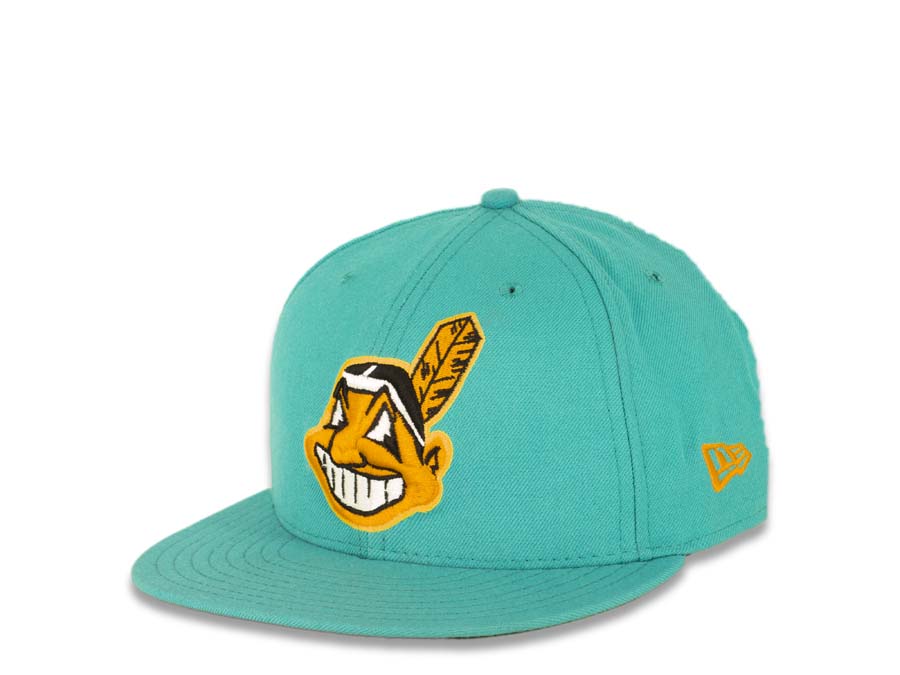 Cleveland Indians New Era MLB 59FIFTY 5950 Fitted Cap Hat Teal Crown/Visor Yellow Chief Wahoo Logo