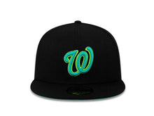 Load image into Gallery viewer, Washington Nationals New Era MLB 59Fifty 5950 Fitted Cap Hat Black Crown/Visor Aqua/Neon Yellow Logo