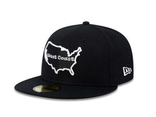 Load image into Gallery viewer, West Coast New Era MLB 59Fifty 5950 Fitted Cap Hat Black Crown/Visor Black/White USA Map Logo