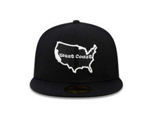 Load image into Gallery viewer, West Coast New Era MLB 59Fifty 5950 Fitted Cap Hat Black Crown/Visor Black/White USA Map Logo
