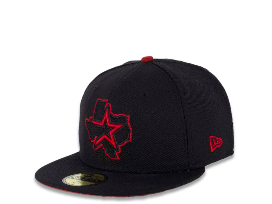 Houston Astros New Era MLB 59FIFTY 5950 Fitted Cap Hat Black Crown Visor Red Cardinal Logo Inside State Map Tonal Pop