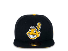 Load image into Gallery viewer, Cleveland Indians New Era MLB 59FIFTY 5950 Fitted Cap Hat Black Crown/Visor Gold/White/Black Chief Wahoo Logo