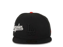 Load image into Gallery viewer, Los Angeles Dodgers New Era MLB Fitted Cap Hat Black Crown/Visor Black Logo With White Sideword Text Red UV