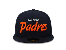 Load image into Gallery viewer, San Diego Padres New Era MLB 59FIFTY 5950 Fitted Cap Hat Navy Crown/Visor White/Orange Text Logo