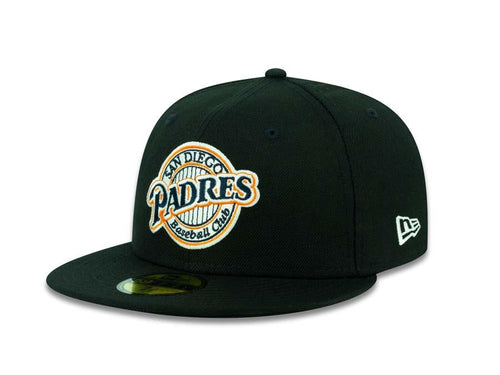 San Diego Padres New Era MLB 59FIFTY 5950 Fitted Cap Hat Black Crown/Visor Navy/White/Orange Retro Logo