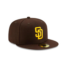 Load image into Gallery viewer, (Youth/Adult) San Diego Padres New Era MLB 59FIFTY 5950 Fitted Onfield Cap Hat Team Color Dark Brown Crown/Visor Yellow Logo