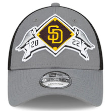 Load image into Gallery viewer, San Diego Padres New Era MLB 9FORTY 940 Adjustable Mesh Trucker Cap Hat Gray/Black Crown Yellow Logo (2022 League Division Series Winner Locker Room)