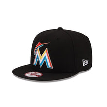 Load image into Gallery viewer, Miami Marlins New Era MLB 9FIFTY 950 Snapback Cap Hat Black Crown/Visor Team Color Retro Logo With Side Patch (Baycik)