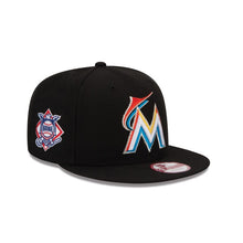 Load image into Gallery viewer, Miami Marlins New Era MLB 9FIFTY 950 Snapback Cap Hat Black Crown/Visor Team Color Retro Logo With Side Patch (Baycik)