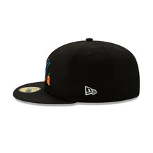 Load image into Gallery viewer, Miami Marlins New Era MLB 59Fifty 5950 Fitted Cap Hat Black Crown/Visor Team Color Logo with Orange (Team Eats)