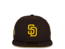 Load image into Gallery viewer, New Era MLB 59Fifty 5950 Fitted San Diego Padres Cap Hat Dark Brown Crown Yellow Logo 50th Anniversary Side Patch Yellow UV