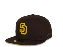 Load image into Gallery viewer, New Era MLB 59Fifty 5950 Fitted San Diego Padres Cap Hat Dark Brown Crown Yellow Logo 50th Anniversary Side Patch Yellow UV
