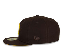 Load image into Gallery viewer, New Era MLB 59Fifty 5950 Fitted San Diego Padres Cap Hat Dark Brown Crown Yellow Logo 50th Anniversary Side Patch Yellow UV