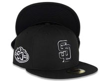 Load image into Gallery viewer, San Diego Padres New Era MLB 59FIFTY 5950 Fitted Cap Hat Black Crown/Visor Black/White Logo 50th Anniversary Side Patch