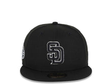 Load image into Gallery viewer, San Diego Padres New Era MLB 59FIFTY 5950 Fitted Cap Hat Black Crown/Visor Black/White Logo 50th Anniversary Side Patch
