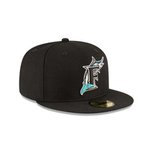 Load image into Gallery viewer, Florida Marlins New Era MLB 59Fifty 5950 Fitted Cap Hat Team Color Black Crown/Visor Team Color Logo 1997 World Series Side Patch Gray UV