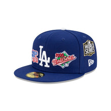 Load image into Gallery viewer, Los Angeles Dodgers New Era MLB 59FIFTY 5950 Fitted Cap Hat Royal Blue Crown/Visor White Logo with Multiple World Series Patches (World Champions)