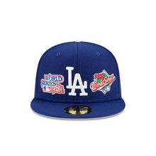 Load image into Gallery viewer, Los Angeles Dodgers New Era MLB 59FIFTY 5950 Fitted Cap Hat Royal Blue Crown/Visor White Logo with Multiple World Series Patches (World Champions)