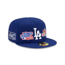 Load image into Gallery viewer, Los Angeles Dodgers New Era MLB 59FIFTY 5950 Fitted Cap Hat Royal Blue Crown/Visor White Logo with Multiple World Series Patches (World Champions)
